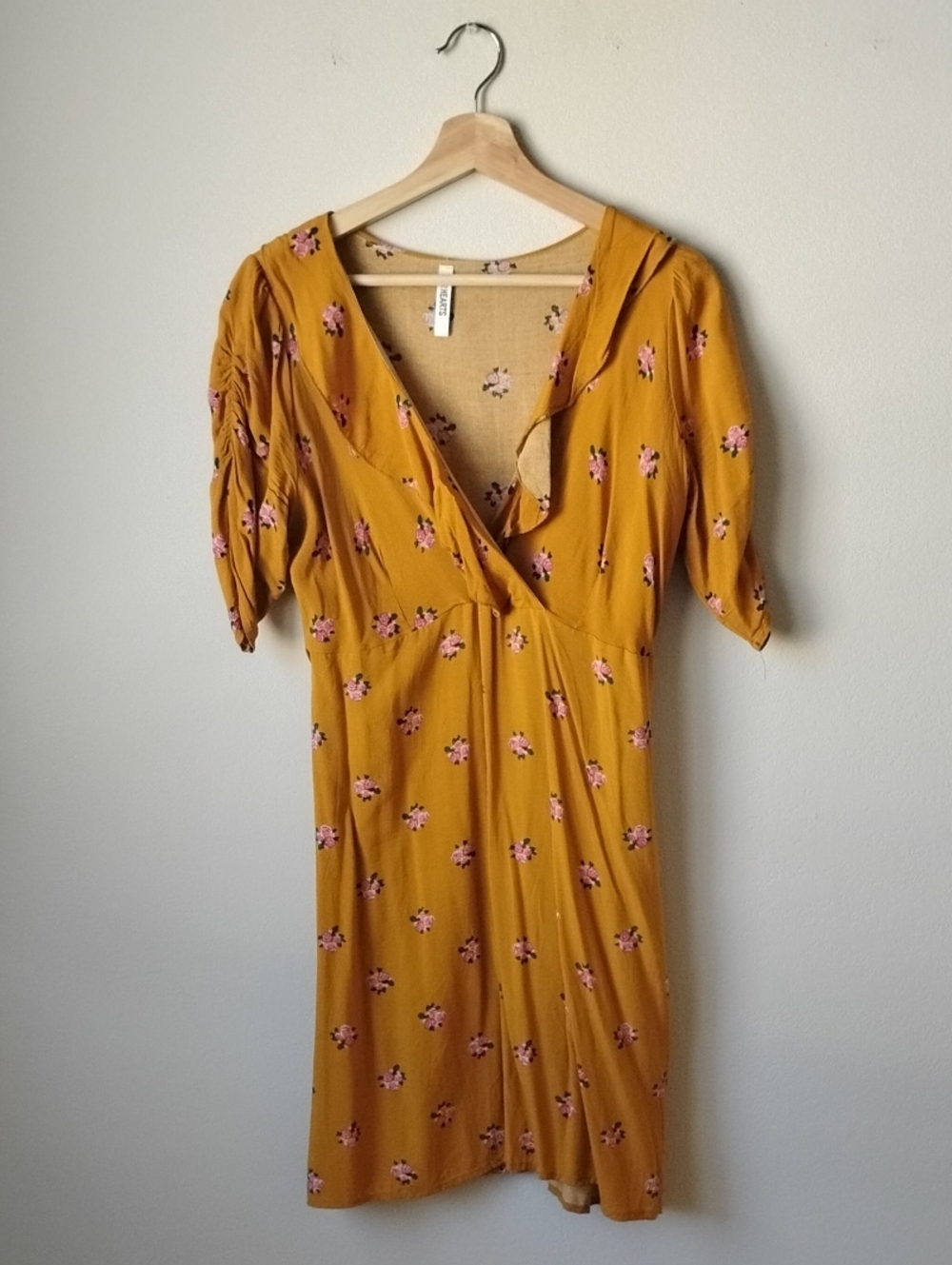 Mustard Floral V-Neck Midi Dress with Ruffle Detail